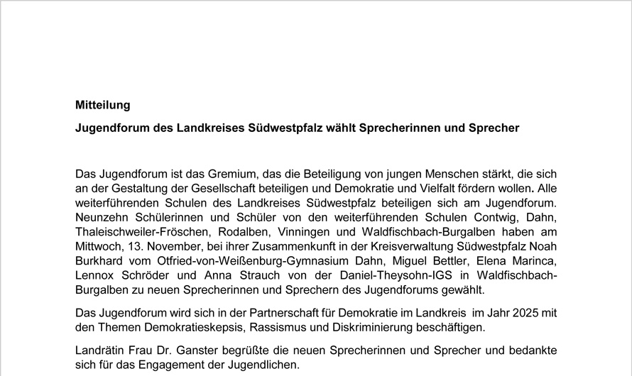 Jugendforum des Landkreises Südwestpfalz wählt Sprecherinnen und Sprecher